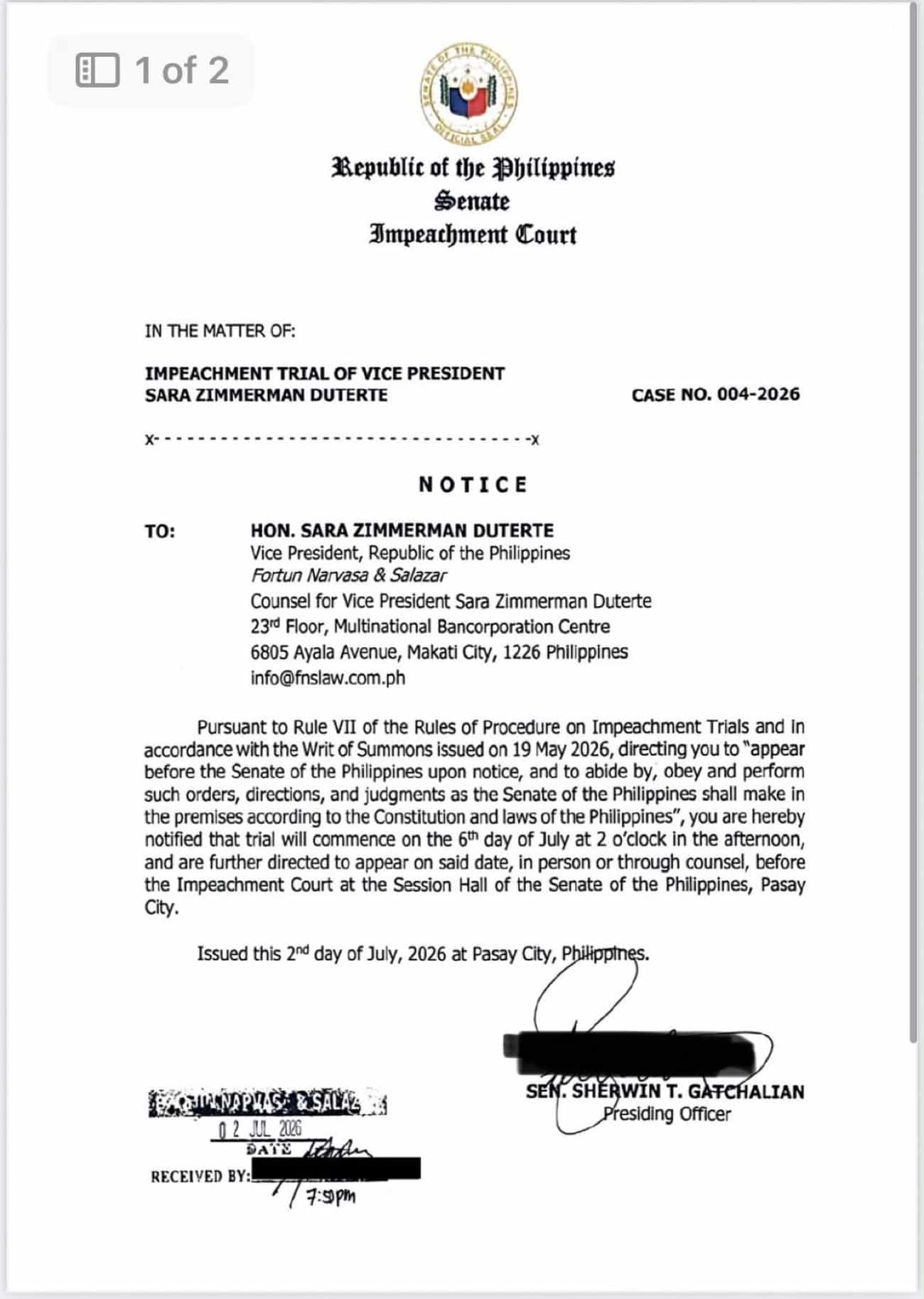 Sara Duterte Ordered to Appear at Senate Impeachment Trial on July 6