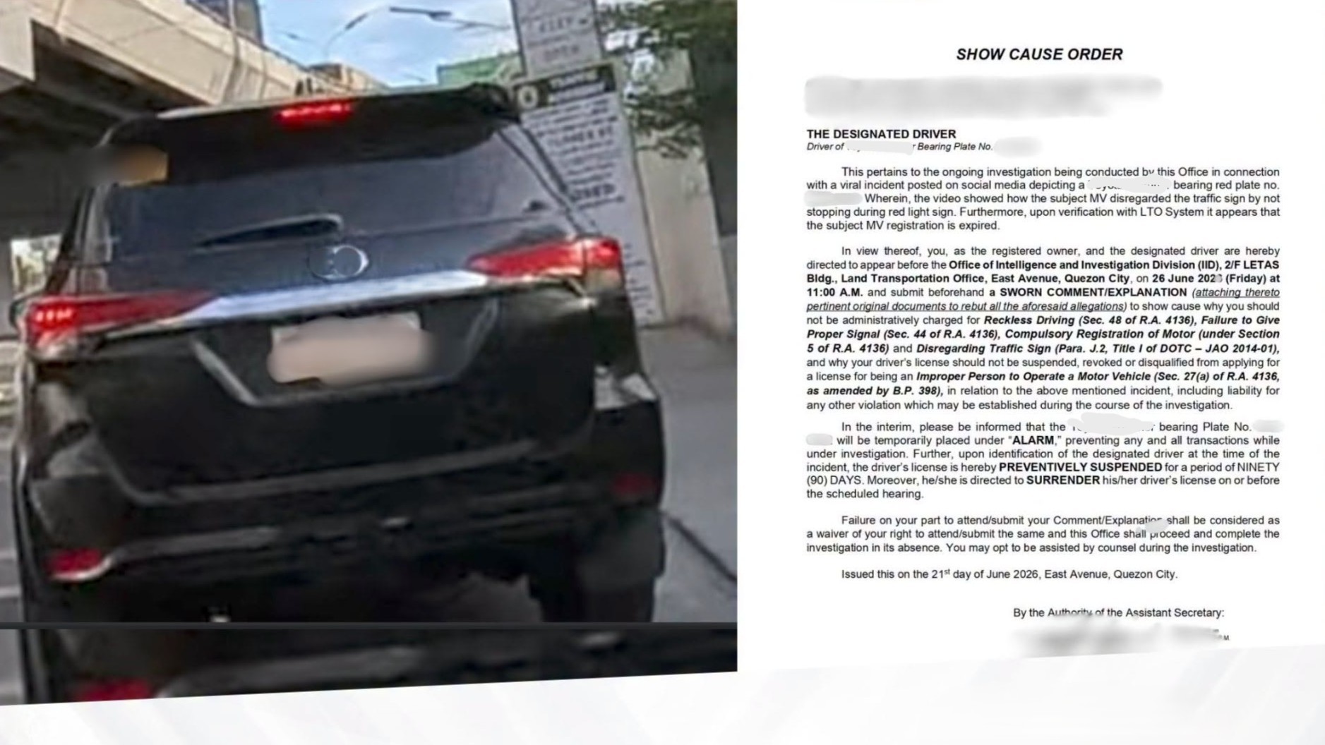 LTO Summons Driver of Government Vehicle Caught Running Red Light