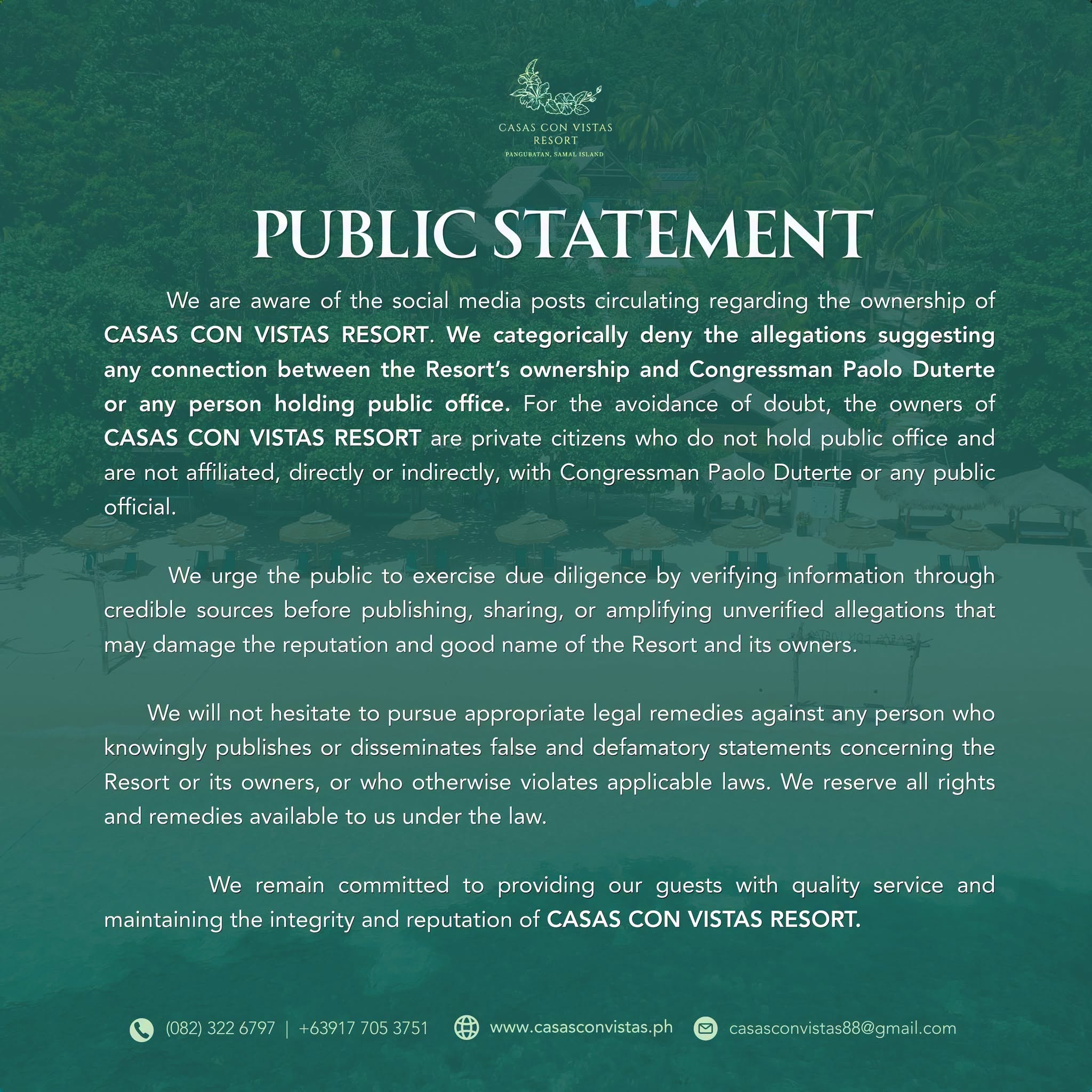 Samal Resort Denies Ownership Link to Duterte Representative