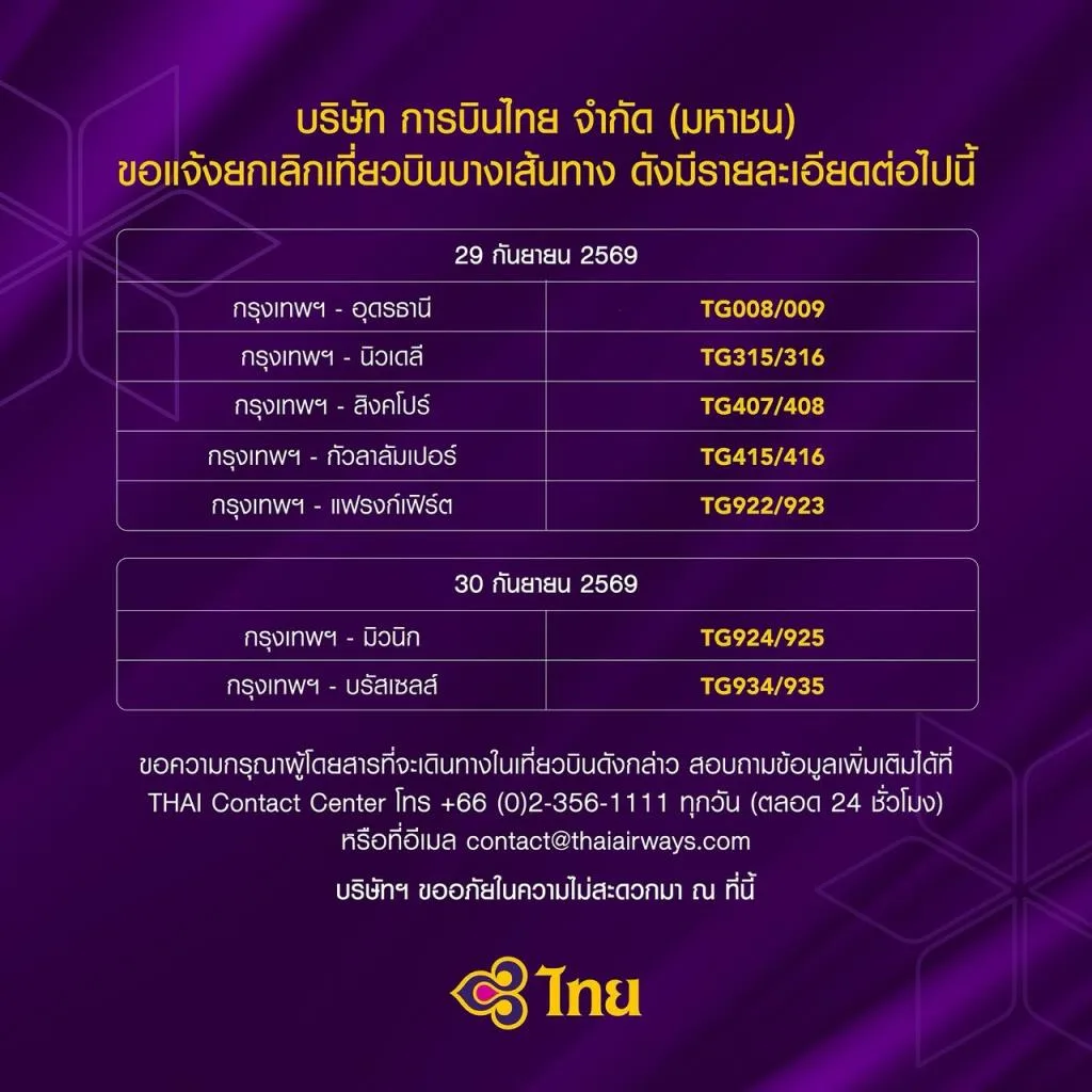Thai Airways Cancels 14 Flights End-September, Passenger Baggage Still Delayed