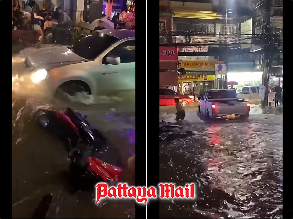 Pattaya Floods: Parked Motorcycles Swept Away, Residents Blame Large Vehicles