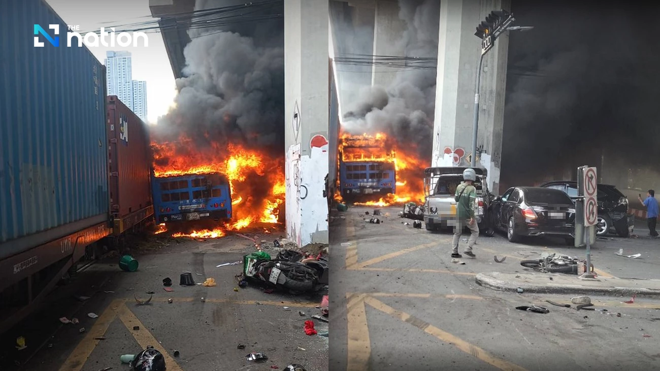 Eight found dead after freight train hits Bangkok bus near Makkasan