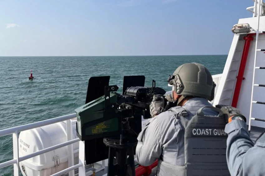 Indonesian Maritime Security Agency Conducts Shooting Drills Near Galang Island