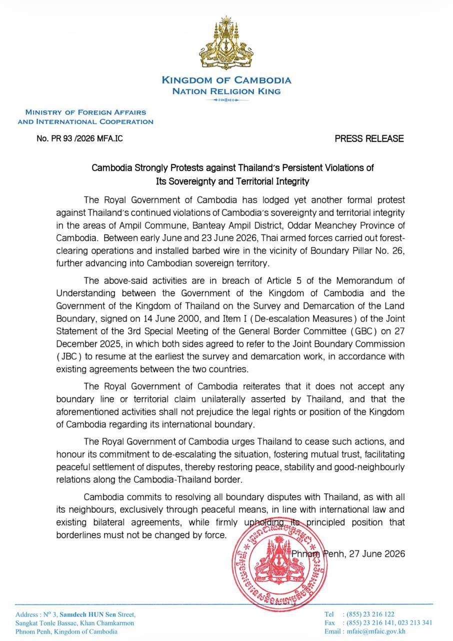 Cambodia Protests Thailand's Repeated Sovereignty Violations