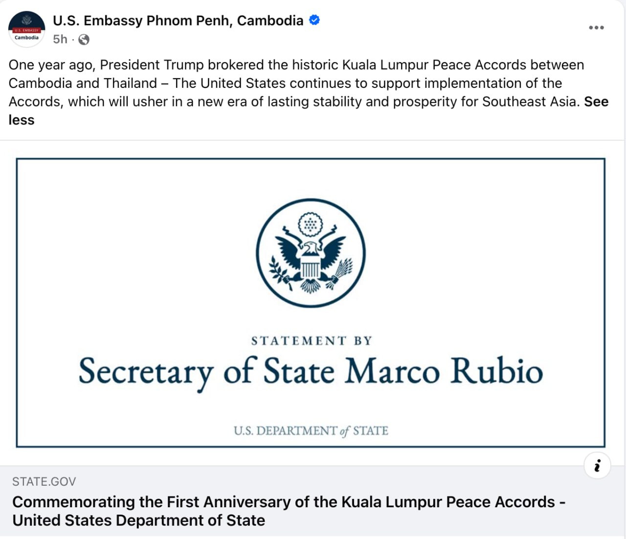 US Reiterates Support for Cambodia-Thailand Peace Agreement on First Anniversary