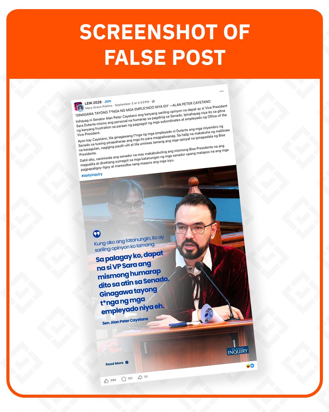 Cayetano didn't say VP Sara should face impeachment court; quote card is fake