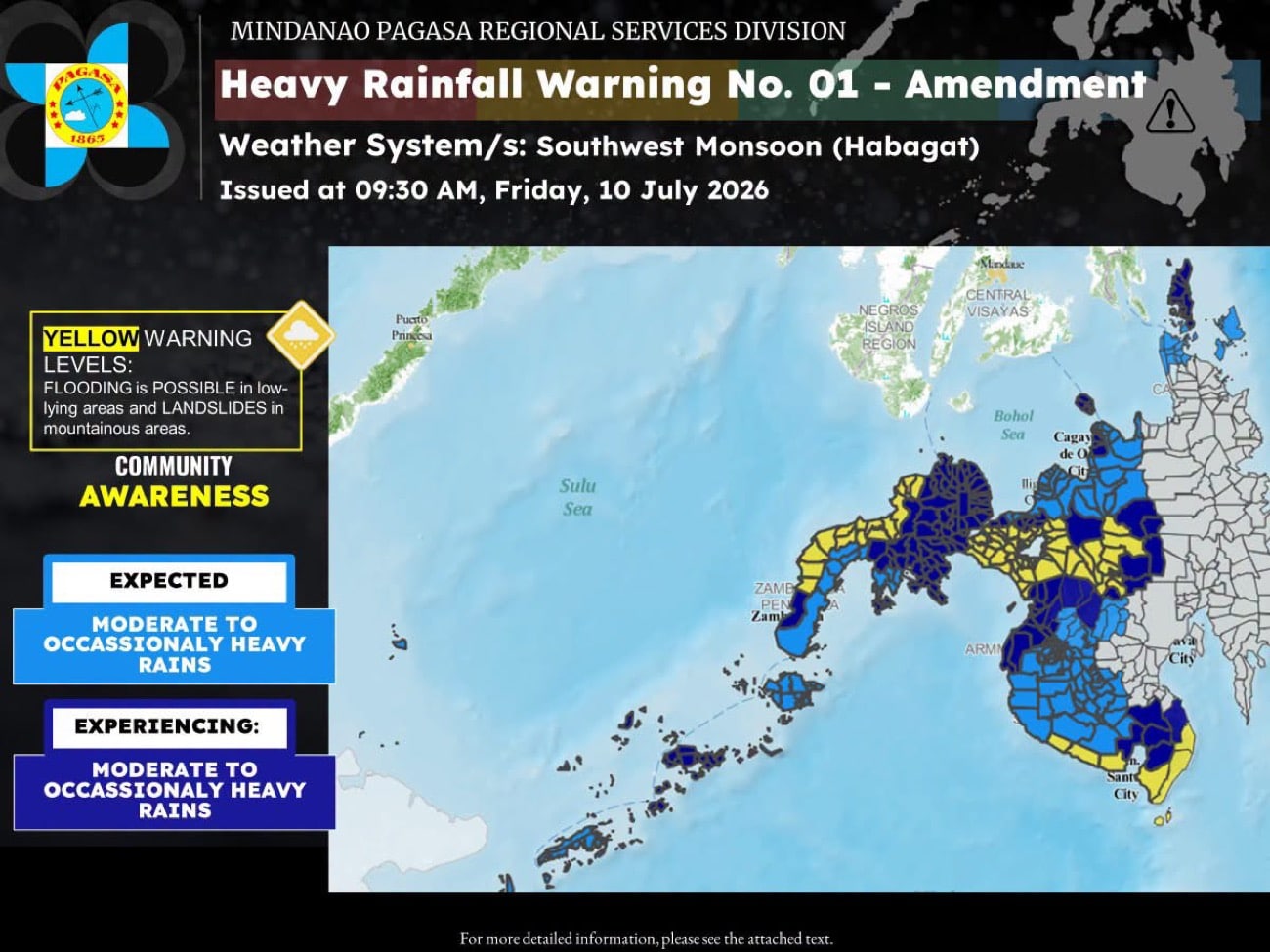 ミンダナオ島、モンスーンによる大雨で「イエローアラート」