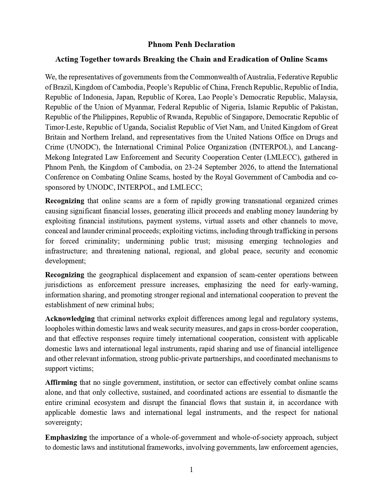 Cambodia Hosts International Conference, Adopts Phnom Penh Declaration to Combat Online Scams