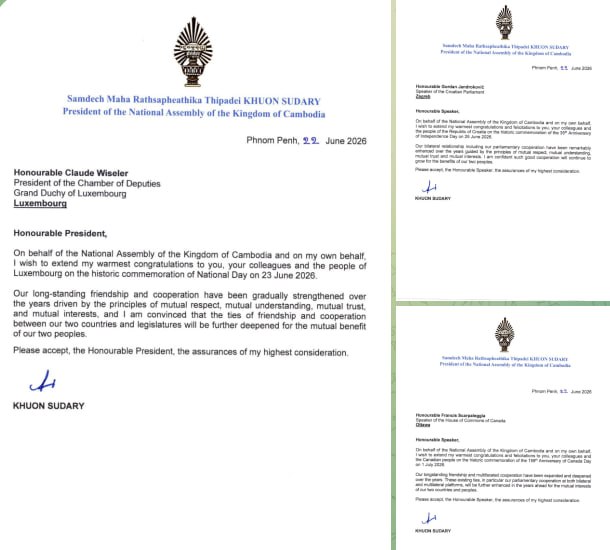 Cambodian NA President Extends Congratulations to Parliamentary Leaders of Luxembourg, Croatia and Canada on National Celebrations