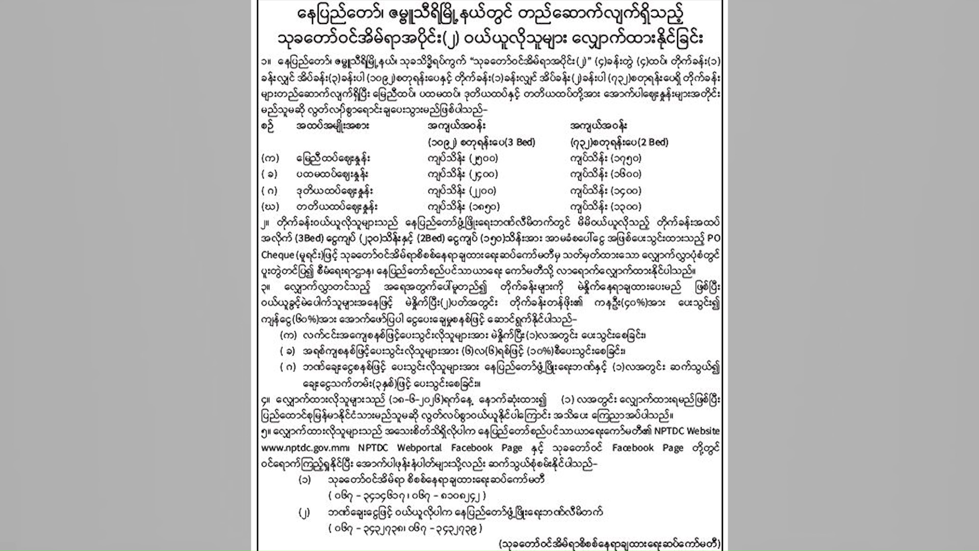 Apartments in Thukha Taw Win Housing Phase (2) to be sold on installment plans