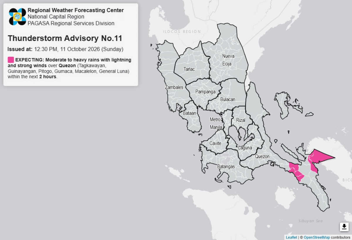 Quezon Province Braces for Potential Heavy Rain, Strong Winds Sunday Afternoon