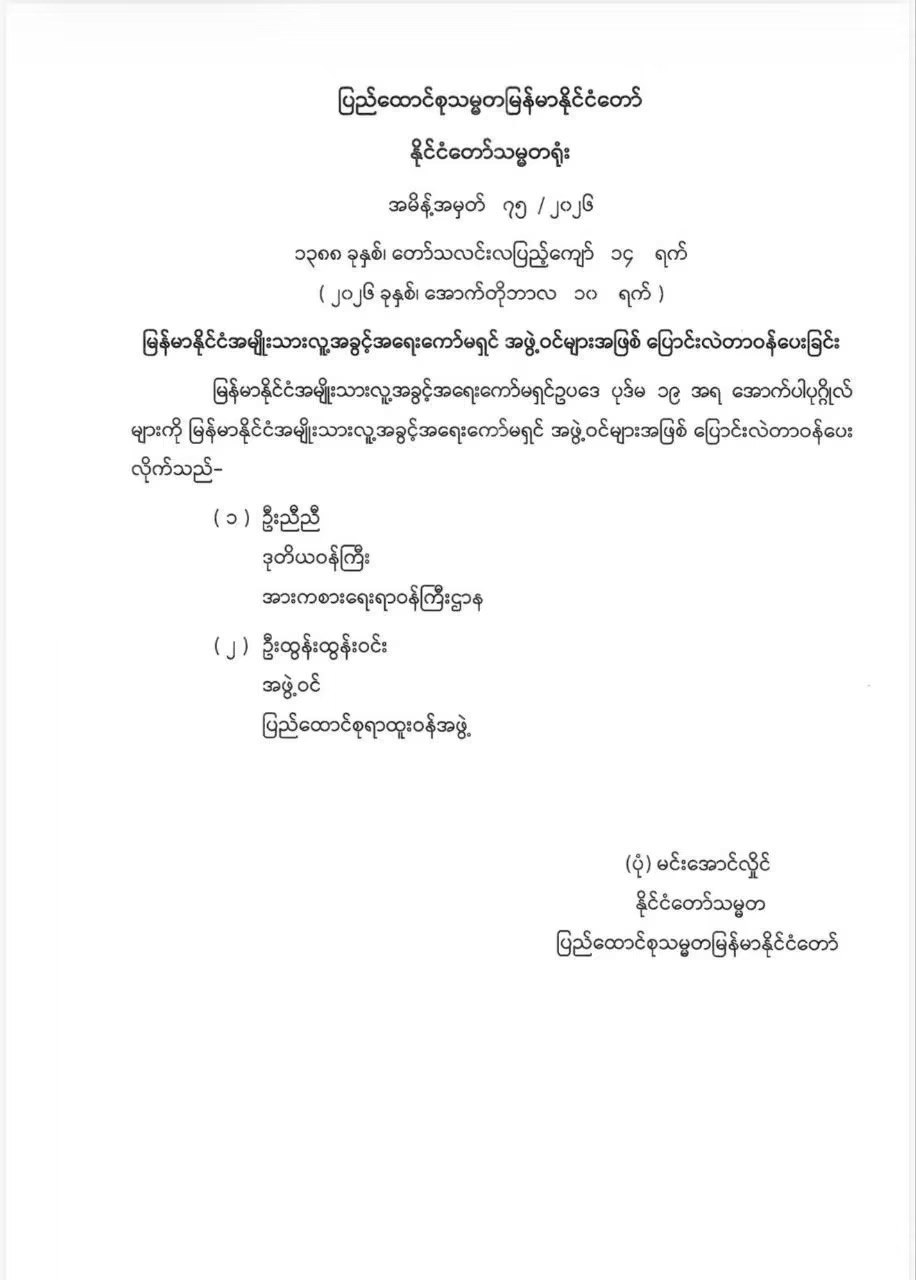 New appointments to the Myanmar National Human Rights Commission