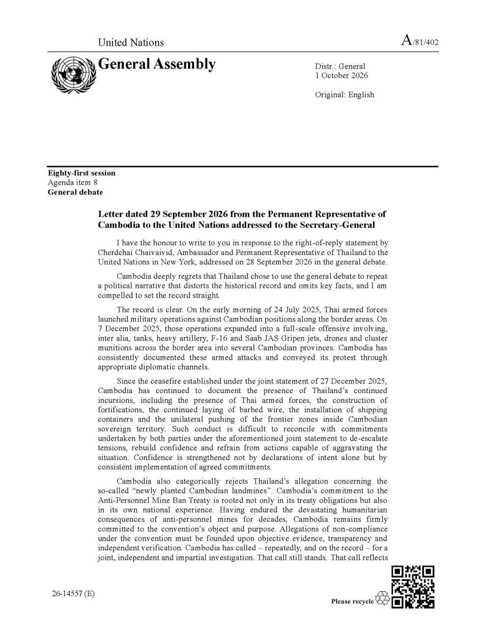 UN Publishes Cambodian Permanent Representative’s Letter on Border Issues