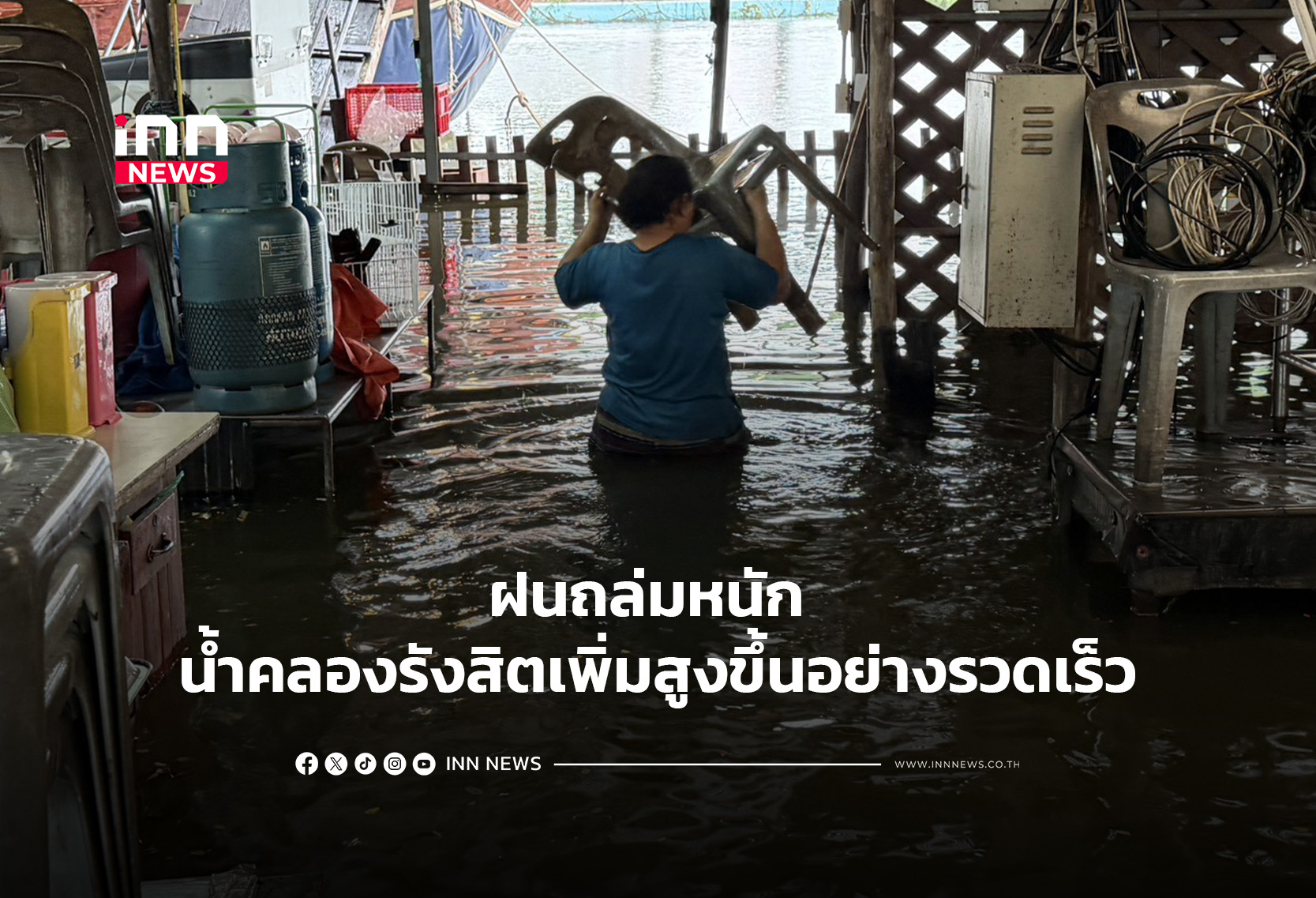 Heavy Rain in Pathum Thani Causes Rapid Rise in Rangsit Canal Water Levels, Flooding Businesses