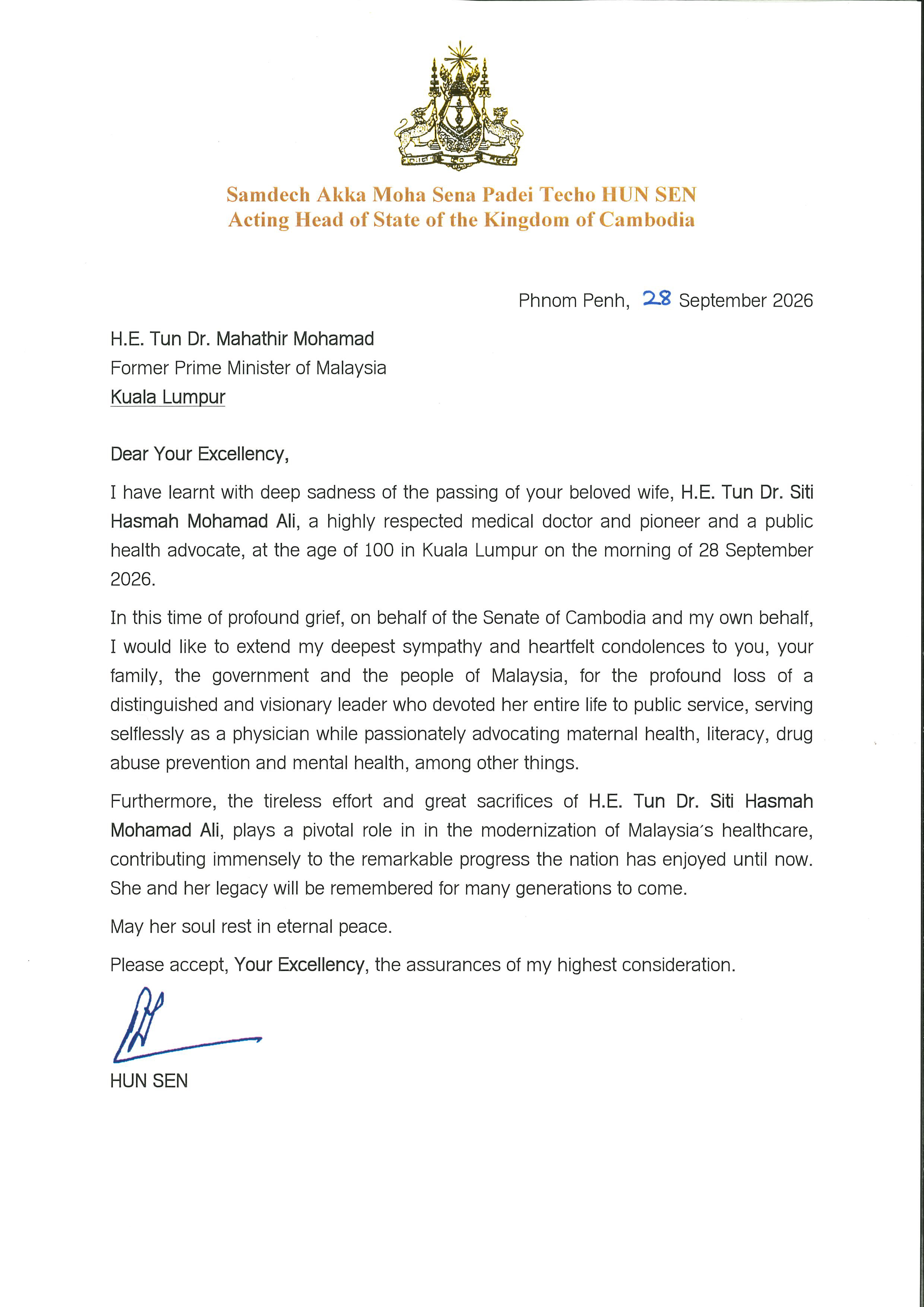 Hun Sen Extends Condolences on Passing of Wife of Former Malaysian PM