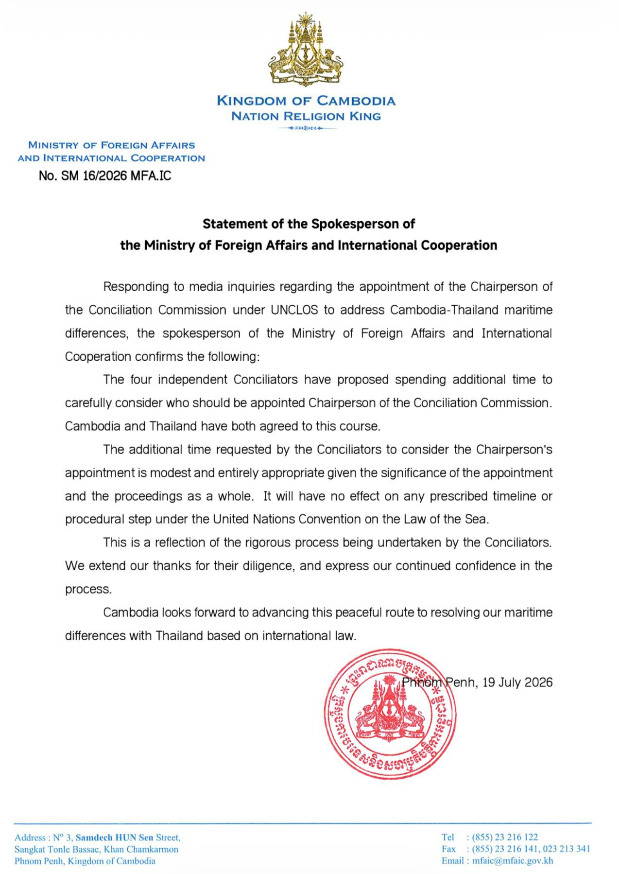 Cambodia Reaffirms Confidence in UNCLOS Conciliation Process Over Maritime Differences with Thailand