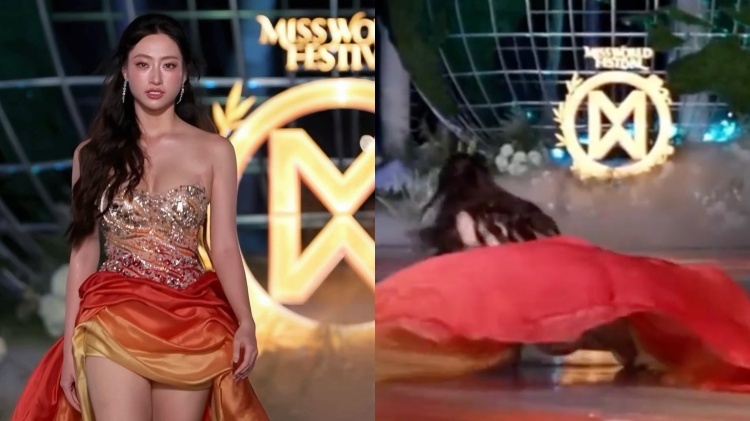 Miss World contestant Luong Thuy Linh falls on stage during Vietnam Beauty Fashion Fest