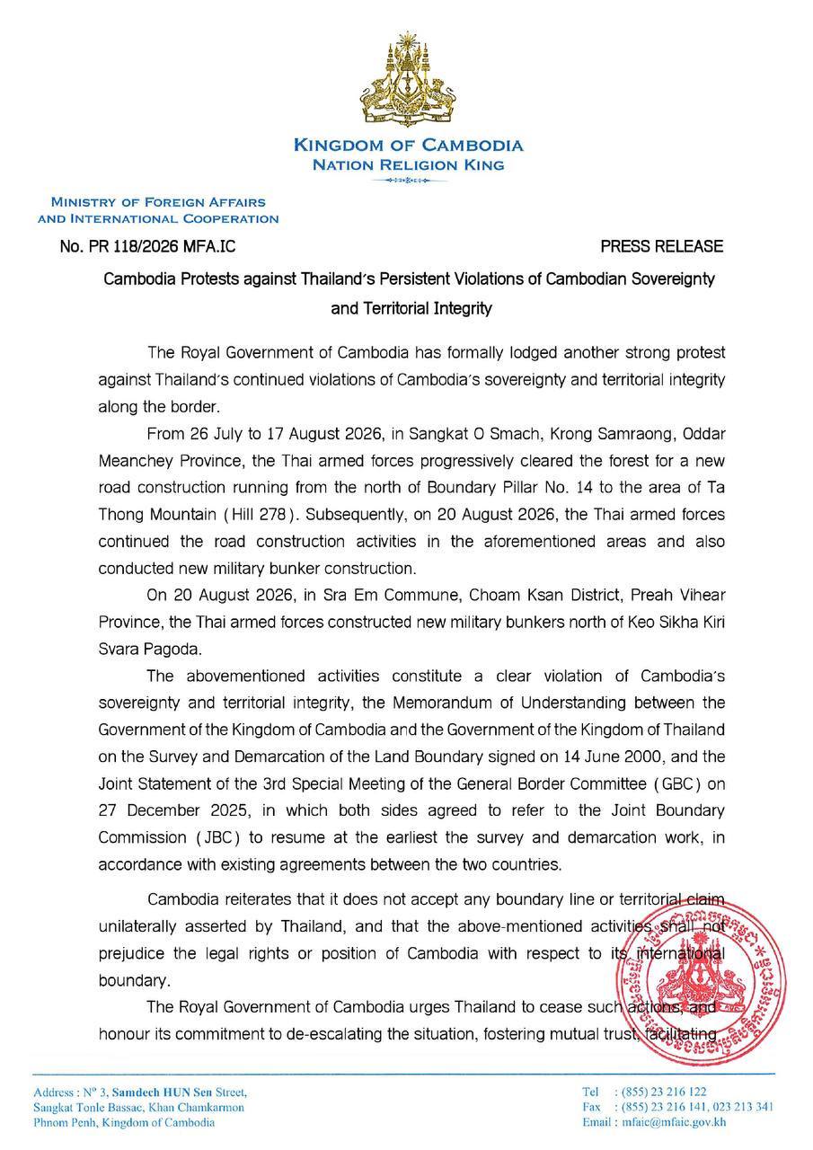 Cambodia Protests Thailand's Persistent Violations of Sovereignty