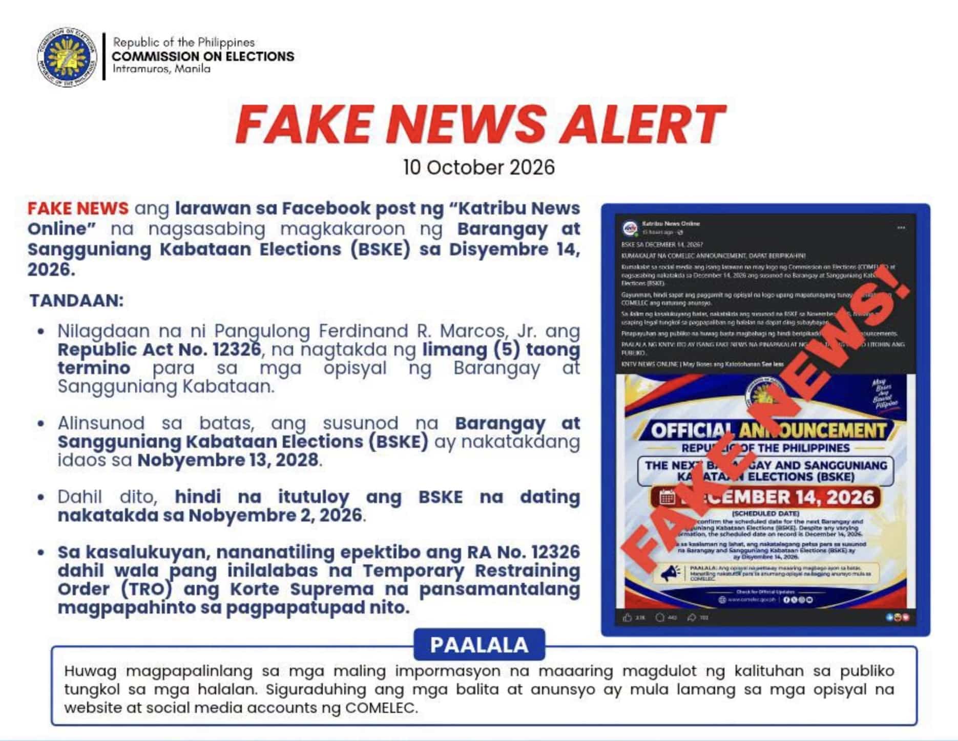 Comelec Warns Public Against Fake BSKE Post, Denies Dec. 14 Election Date