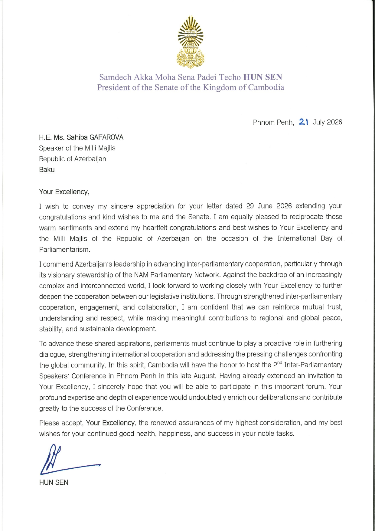 Cambodian Senate President Thanks Azerbaijan Counterpart on International Day of Parliamentarism
