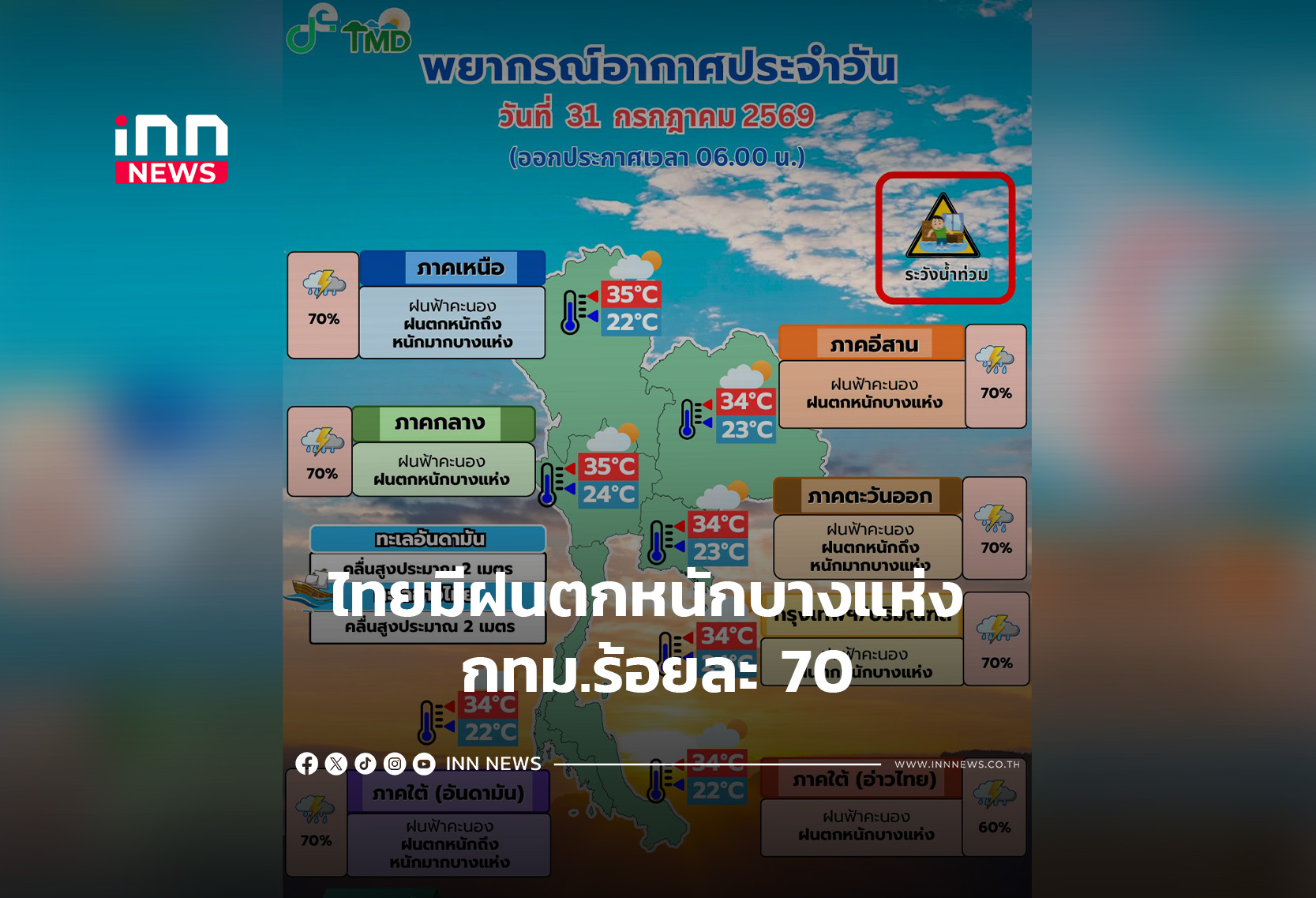 タイ全土に大雨、バンコク・近郊は降水確率70%、洪水・土砂災害に警戒